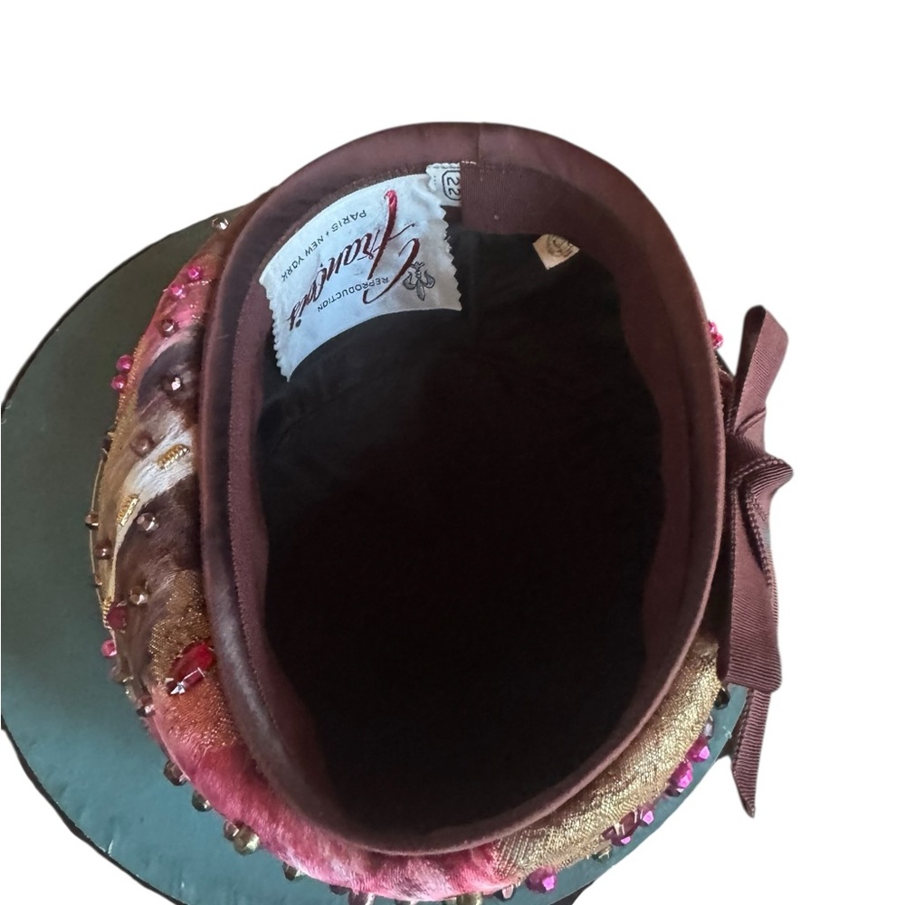 1940s Francois Paris New York Close-Fitted Cap w/Floral Pattern w/Pink & Gold To - Picture 6 of 8
